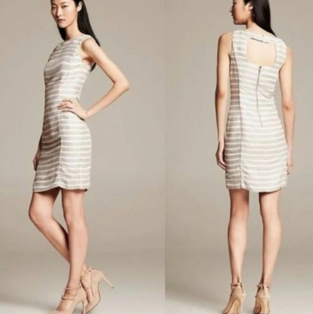 Banana Republic Neutral Stripe Linen Blend Sleeveless Summer Sheath Dress